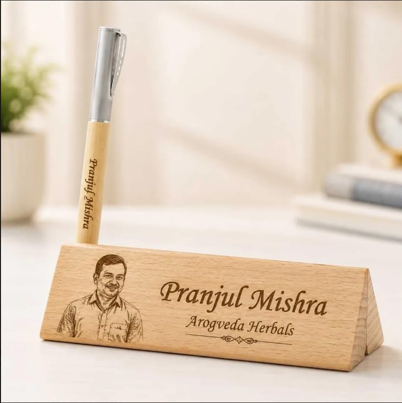 TRIANGLE PEN STAND WITH PEN PHOTO AND TEXT ENGRAVING