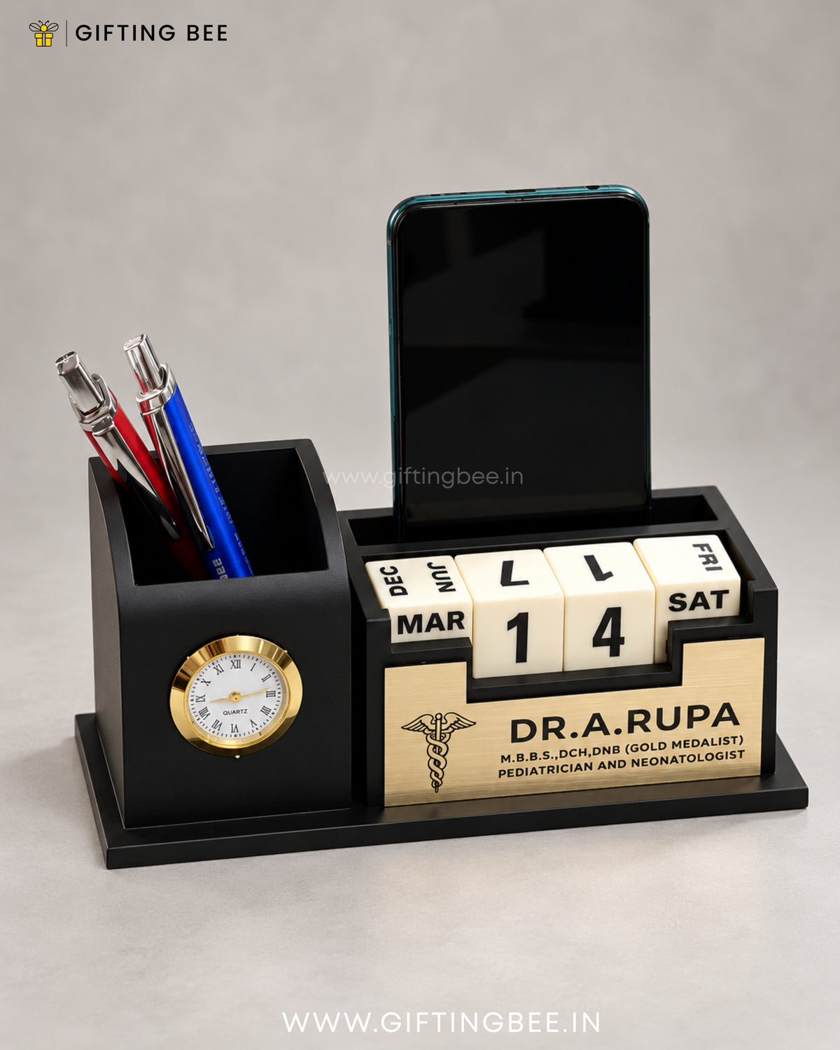 BLACK DESK CLOCK WITH CALENDAR STAND