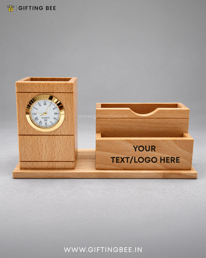 WOOD PEN  STAND WITH CLOCK