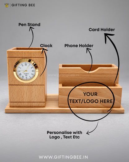 WOOD PEN  STAND WITH CLOCK