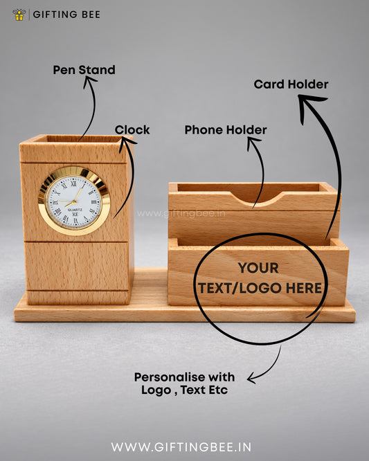 WOOD PEN  STAND WITH CLOCK