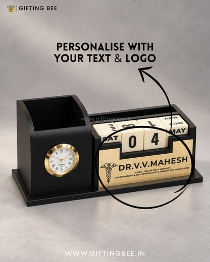 BLACK DESK CLOCK WITH CALENDAR STAND