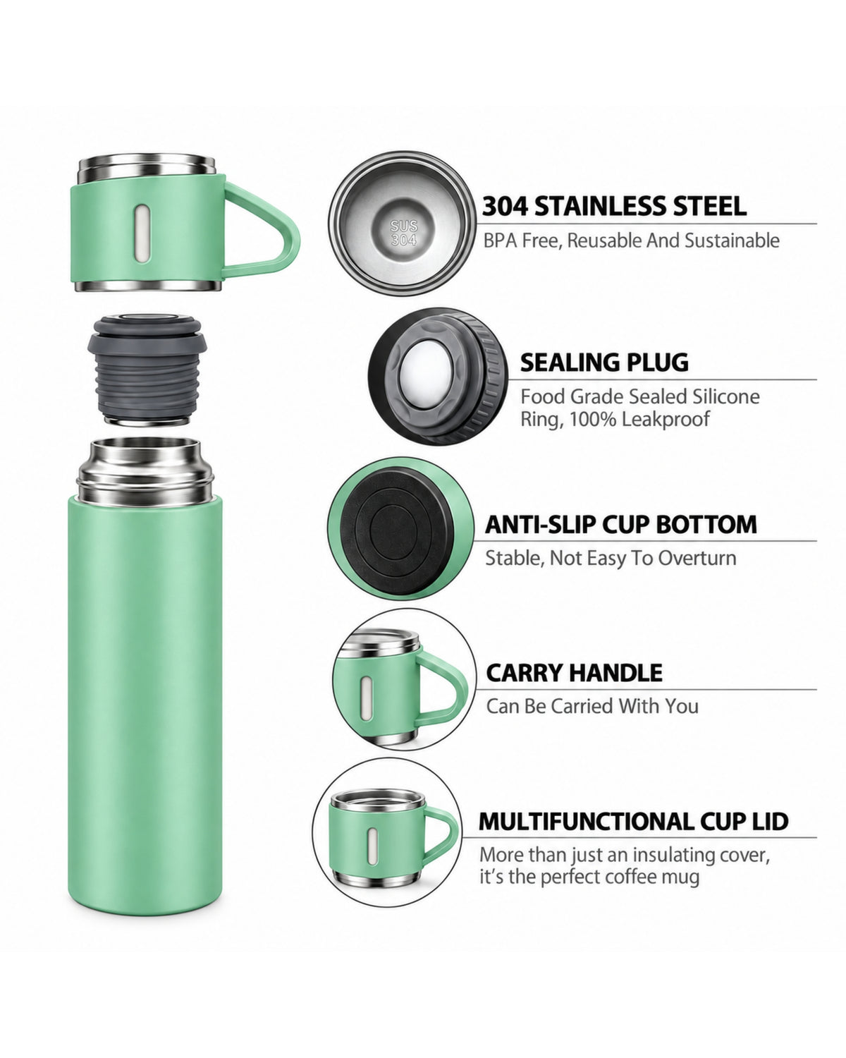 PERSONALISED VACCUME INSULATED FLASK SET -  SAGE GREEN