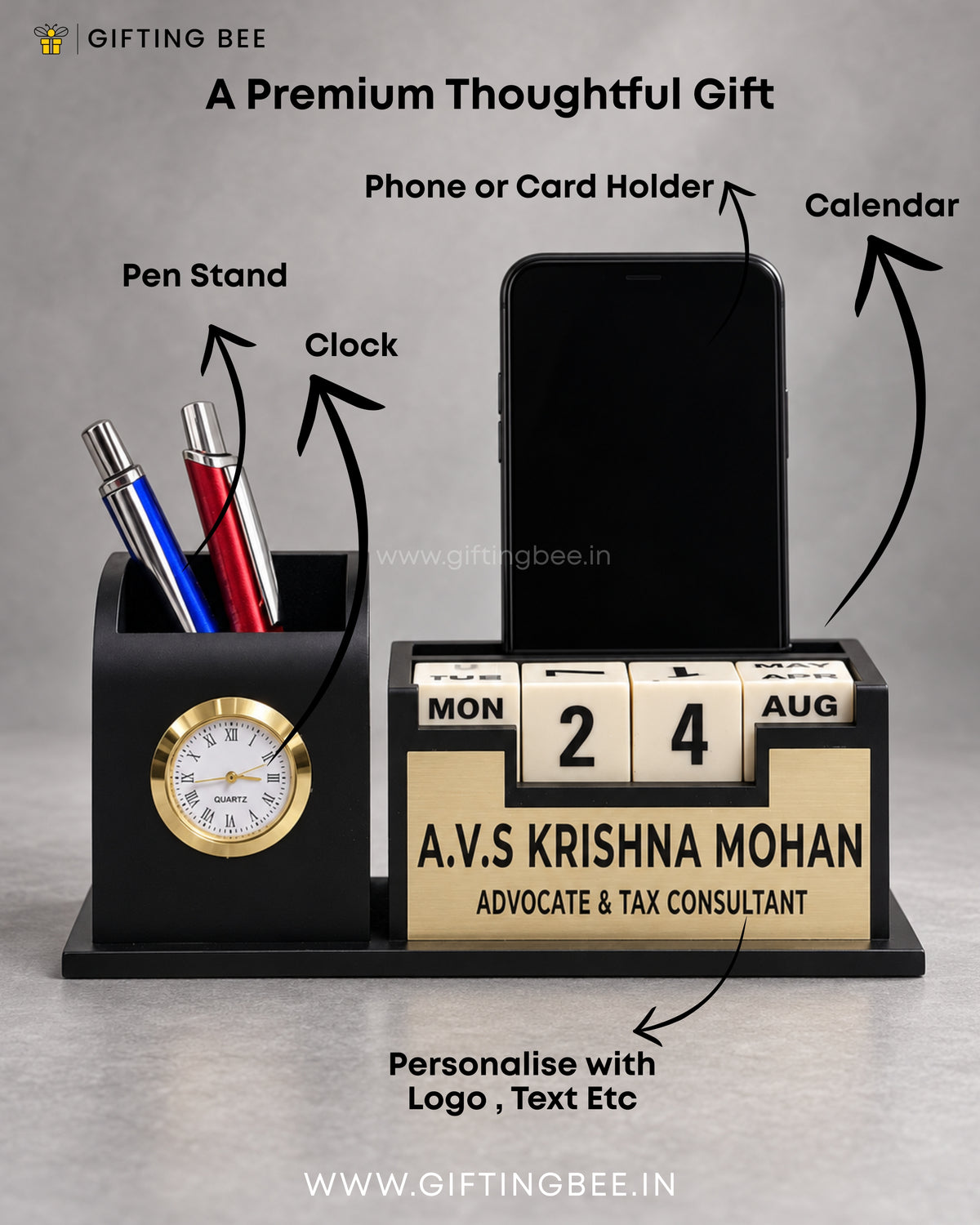 BLACK DESK CLOCK WITH CALENDAR STAND