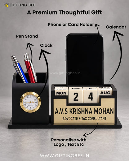 BLACK DESK CLOCK WITH CALENDAR STAND
