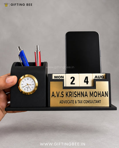 BLACK DESK CLOCK WITH CALENDAR STAND