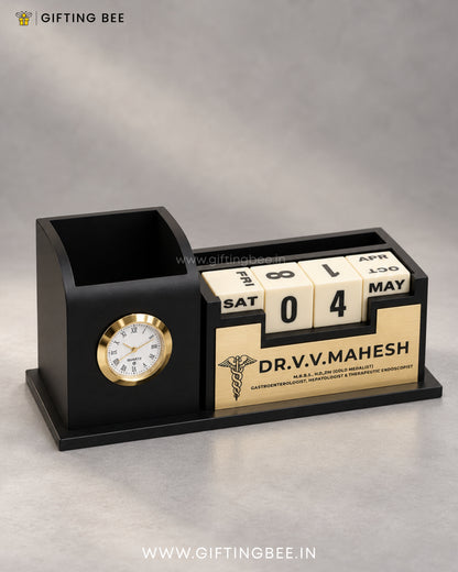 BLACK DESK CLOCK WITH CALENDAR STAND